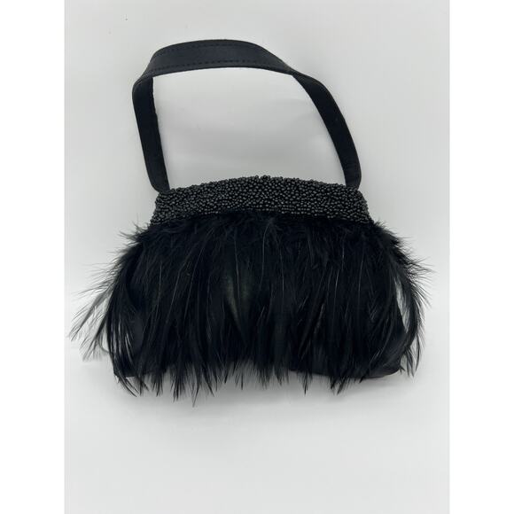 Vintage 80s La Regale Feathers and Beaded Small Handle Evening Purse Zipper READ - Picture 2 of 5